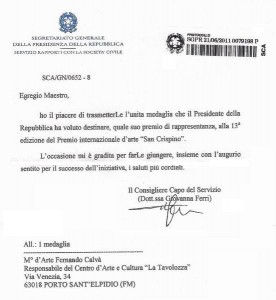 Lettera di assegnazione della Medaglia del Presidente della Repubblica